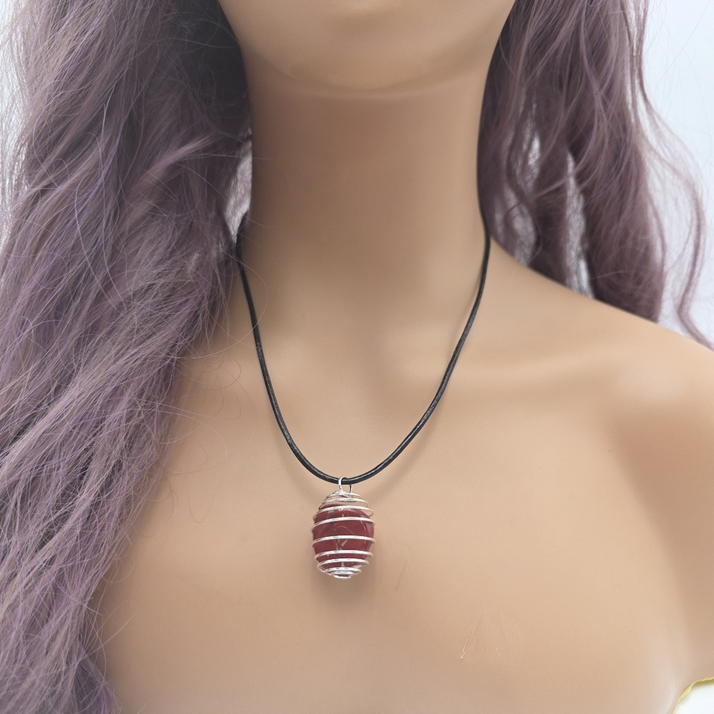 Handmade Red Jasper Pendant Silver Spiral Cage Necklace – Boho Jewelry - Picture 4 of 4